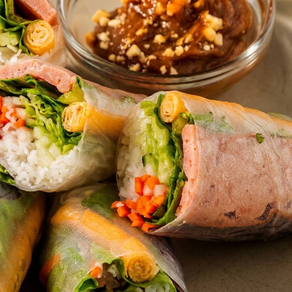 Fresh spring rolls filled with rice, vegetables, and meat, served with a peanut dipping sauce.