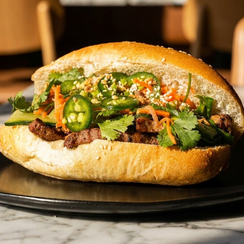 A banh mi sandwich filled with meat, cilantro, carrots, and jalapeños on a black plate.