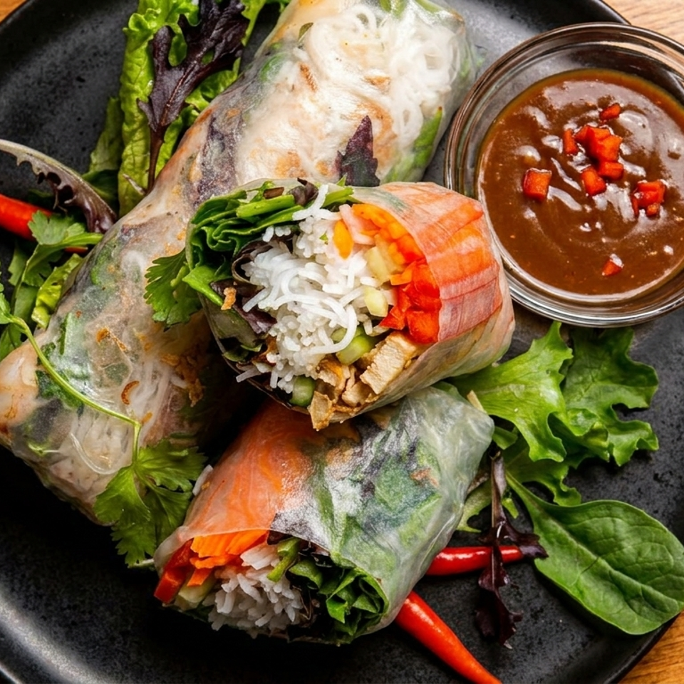 Fresh spring rolls filled with vegetables, noodles, and shrimp, served with a side of peanut sauce.