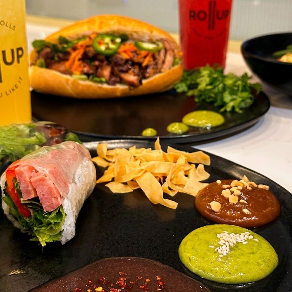 Assortment of Vietnamese dishes from Roll Up, including spring rolls, banh mi, and noodle bowls.