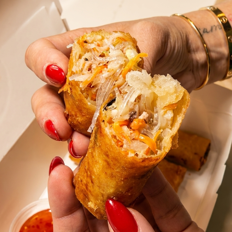 Hands with red nails hold a crispy, golden spring roll, split open to show a filling of noodles and vegetables.