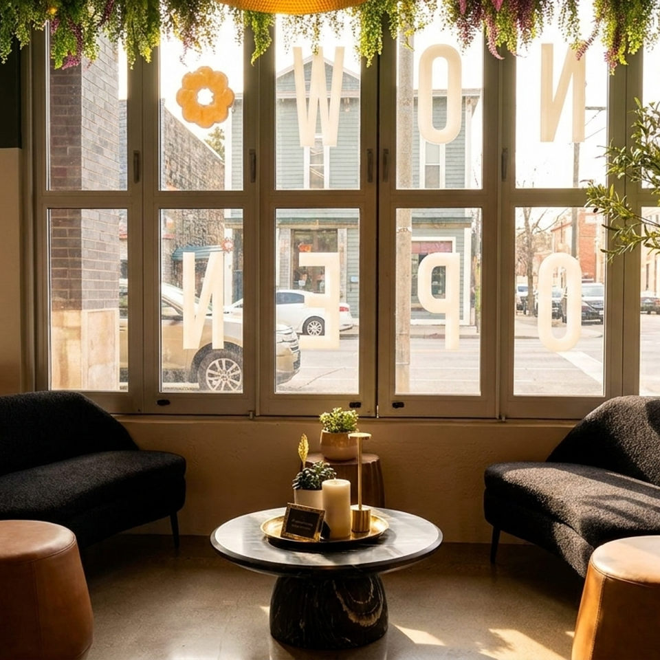 Sunny cafe interior with two black couches, a coffee table, and large windows showing a street.