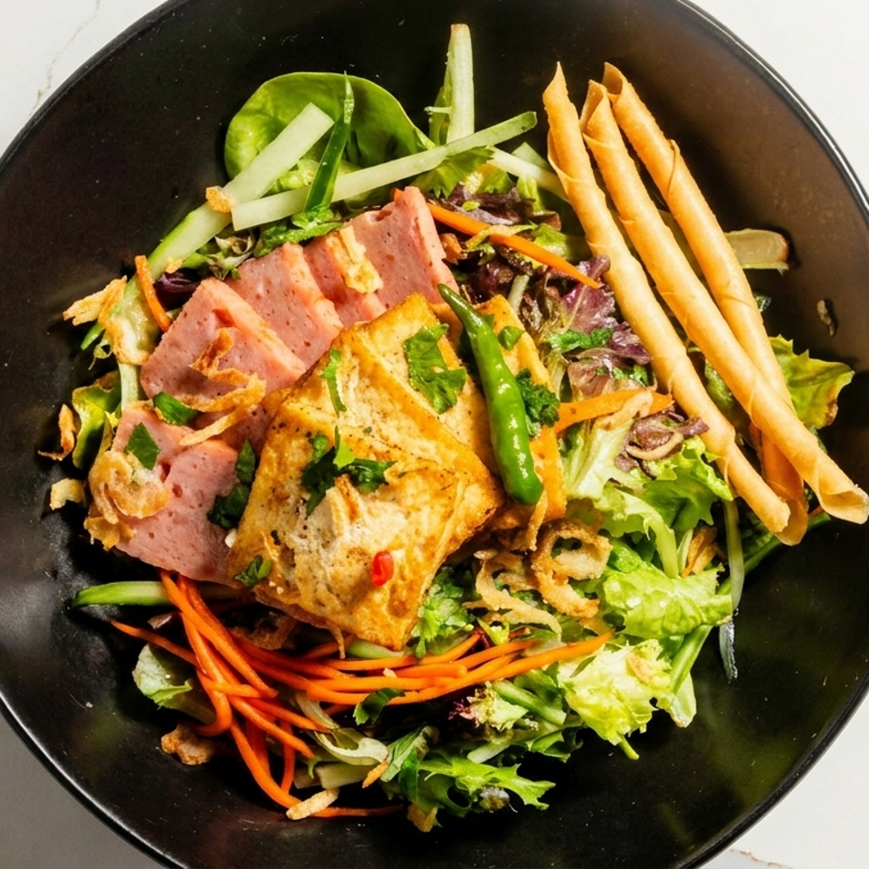 A vibrant salad with sliced meat, fried tofu, green chilies, and crispy rolls in a black bowl.