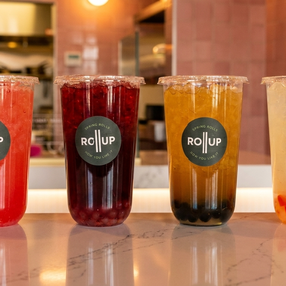 Four colorful Roll Up drinks with fruit and boba pearls on a white counter in a restaurant.