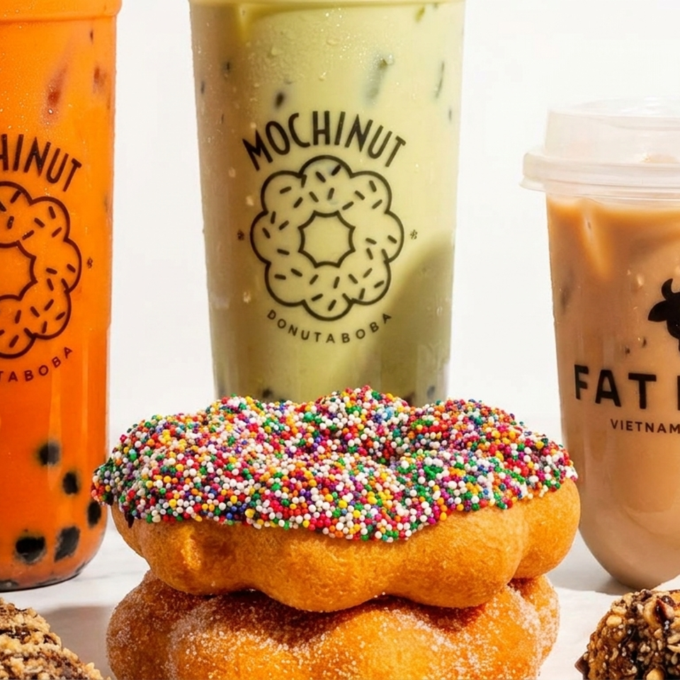 Mochinut boba drinks in orange and green, Fat Miilk coffee, and mochi donuts with sprinkles and nuts.