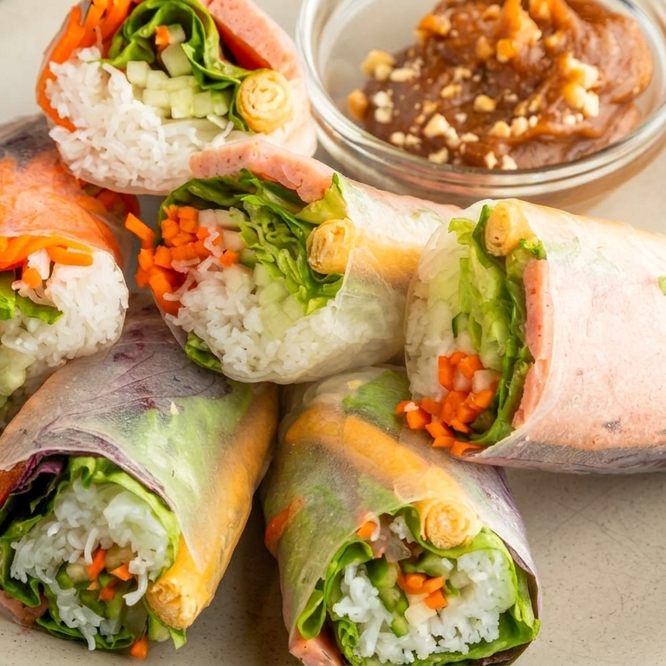 Fresh spring rolls filled with lettuce, rice, carrots, and meat, served with a peanut dipping sauce.
