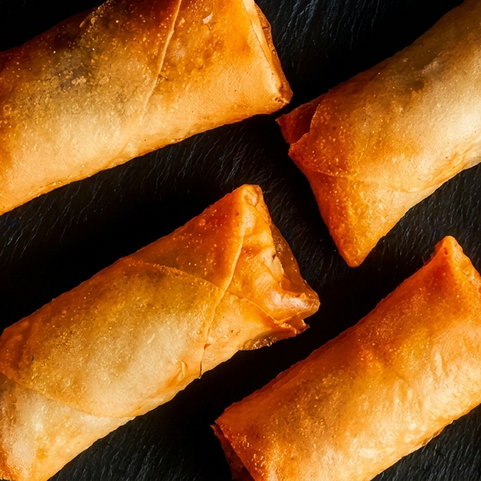 Golden-brown spring rolls with crispy wrappers are scattered across a dark, textured surface.