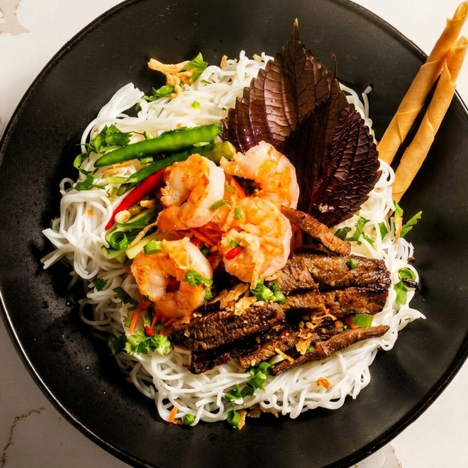 A black bowl of vermicelli noodles with shrimp, beef, herbs, and chili on a marble surface.