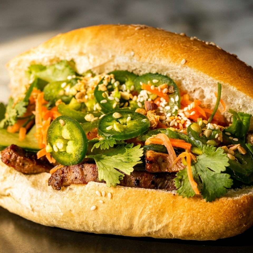 Banh mi sandwich with grilled meat, pickled vegetables, cilantro, and sliced jalapeños on a black plate.