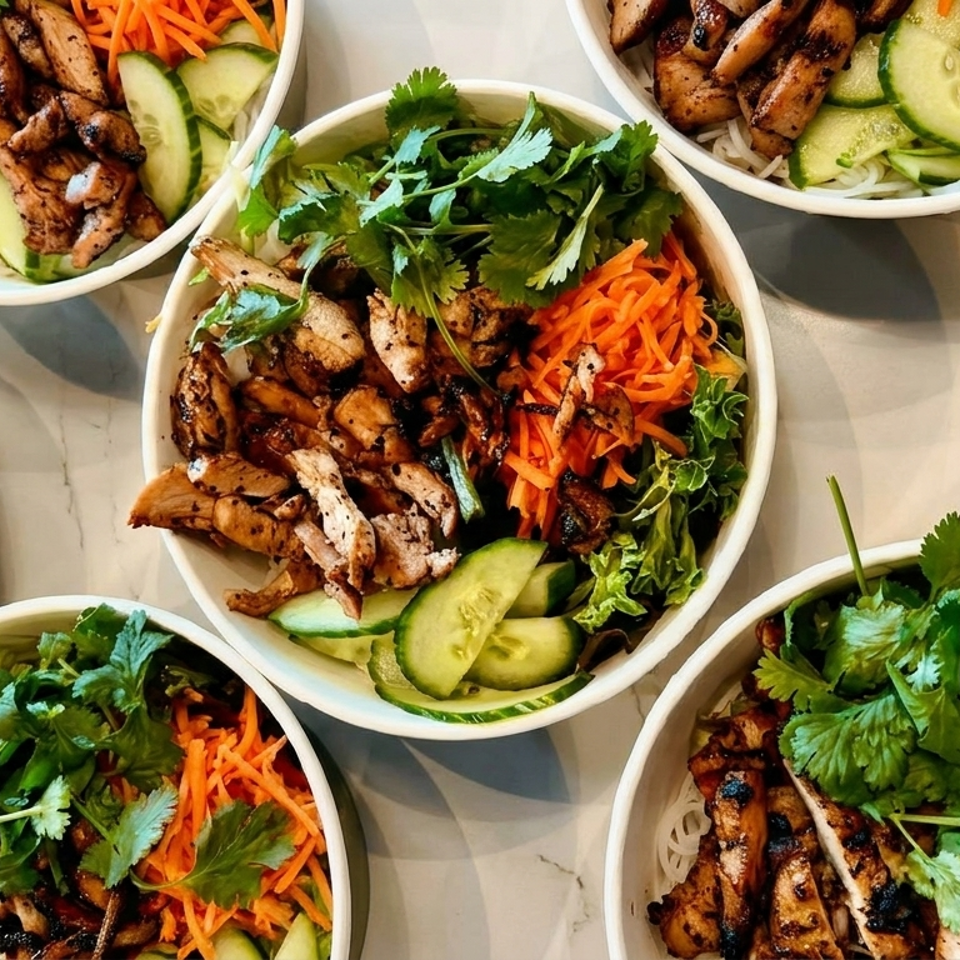Multiple bowls of grilled chicken, rice noodles, cucumber, shredded carrots, and cilantro.