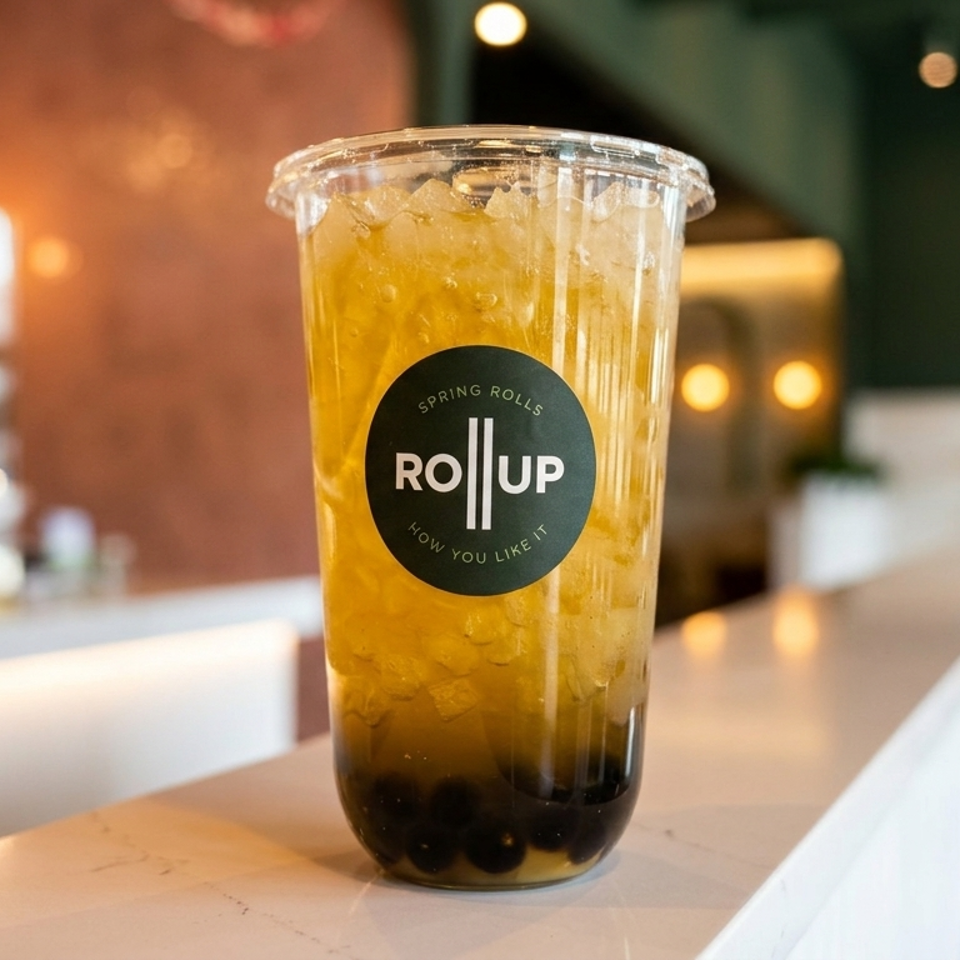 A plastic cup of iced tea with boba pearls and a "Roll Up" logo sits on a counter.